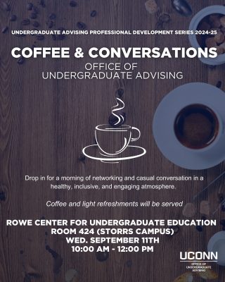 Flyer for Coffee and Conversation with Office of Undergraduate advising. Wooden table. background with a coffee cup, coffee, and espresso beans. With a navy blue low-opacity overlay. It has text detailing the event's name, time, location, and coffee cup.