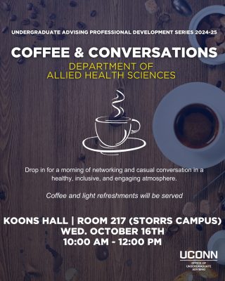 Flyer for Coffee and Conversation with Department of Allied Health. Wooden table. background with a coffee cup, coffee, and espresso beans. With a navy blue low-opacity overlay. It has text detailing the event's name, time, location, and coffee cup.