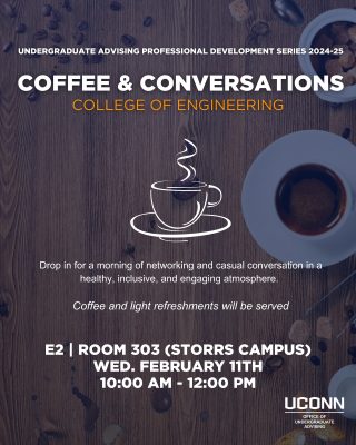 Flyer for Coffee and Conversation with the College of Engineering. Wooden table. background with a coffee cup, coffee, and espresso beans. With a navy blue low-opacity overlay. It has text detailing the event's name, time, location, and coffee cup.