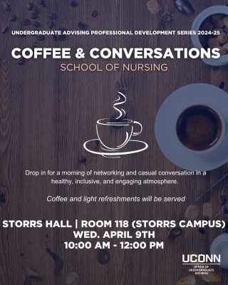 Flyer for Coffee and Conversation with the School of Nursing. Wooden table. background with a coffee cup, coffee, and espresso beans. With a navy blue low-opacity overlay. It has text detailing the event's name, time, location, and coffee cup.