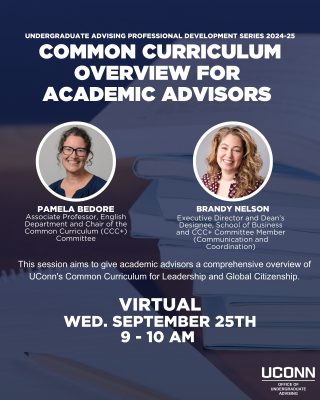 Flyer for Common Curriculum Overview for academic advisors with two speakers' names, titles, dates, times, and locations. Navy blue low-opacity over an image with books. 